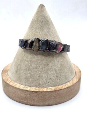 Raw Crystal Copper Cuff Bracelet With Woven Texture & Multicolor Stones
